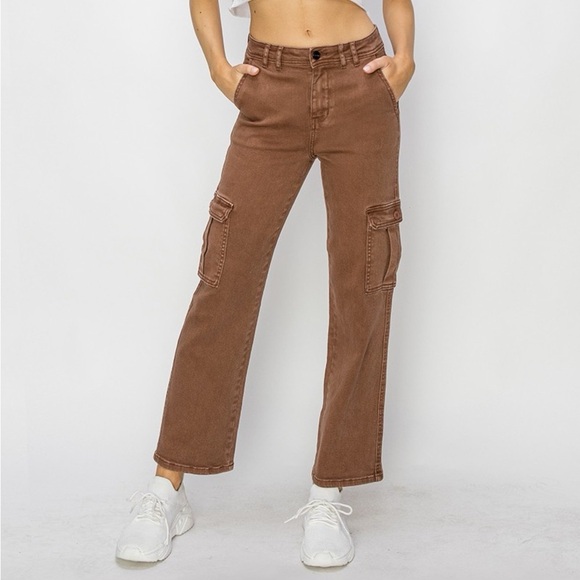 NWT RISEN PLUS + REG Size Espresso Brown High Rise Straight Leg 90s Cargo Jeans - Picture 1 of 10